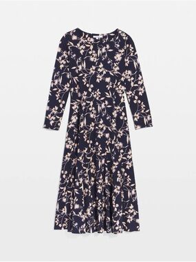 Chico's Navy Long-Sleeve Midi Dress with Blush Floral Print